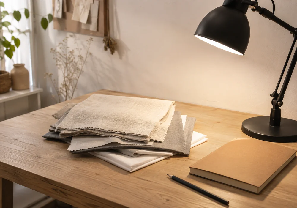 Jasny kąt biurka: próbki tkanin w stonowanych kolorach, notes i lampa architektoniczna