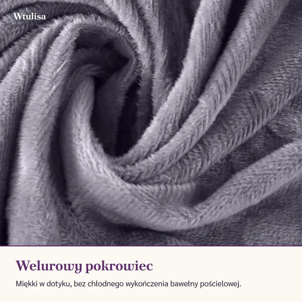 Zbliżenie na szary welurowy materiał pokrowca, ułożony w miękkie fałdy