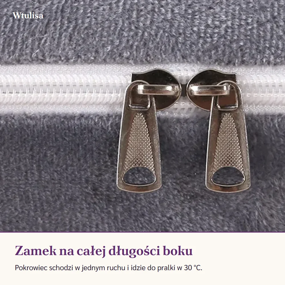 Dwa suwaki białego zamka biegnącego wzdłuż szarego welurowego pokrowca